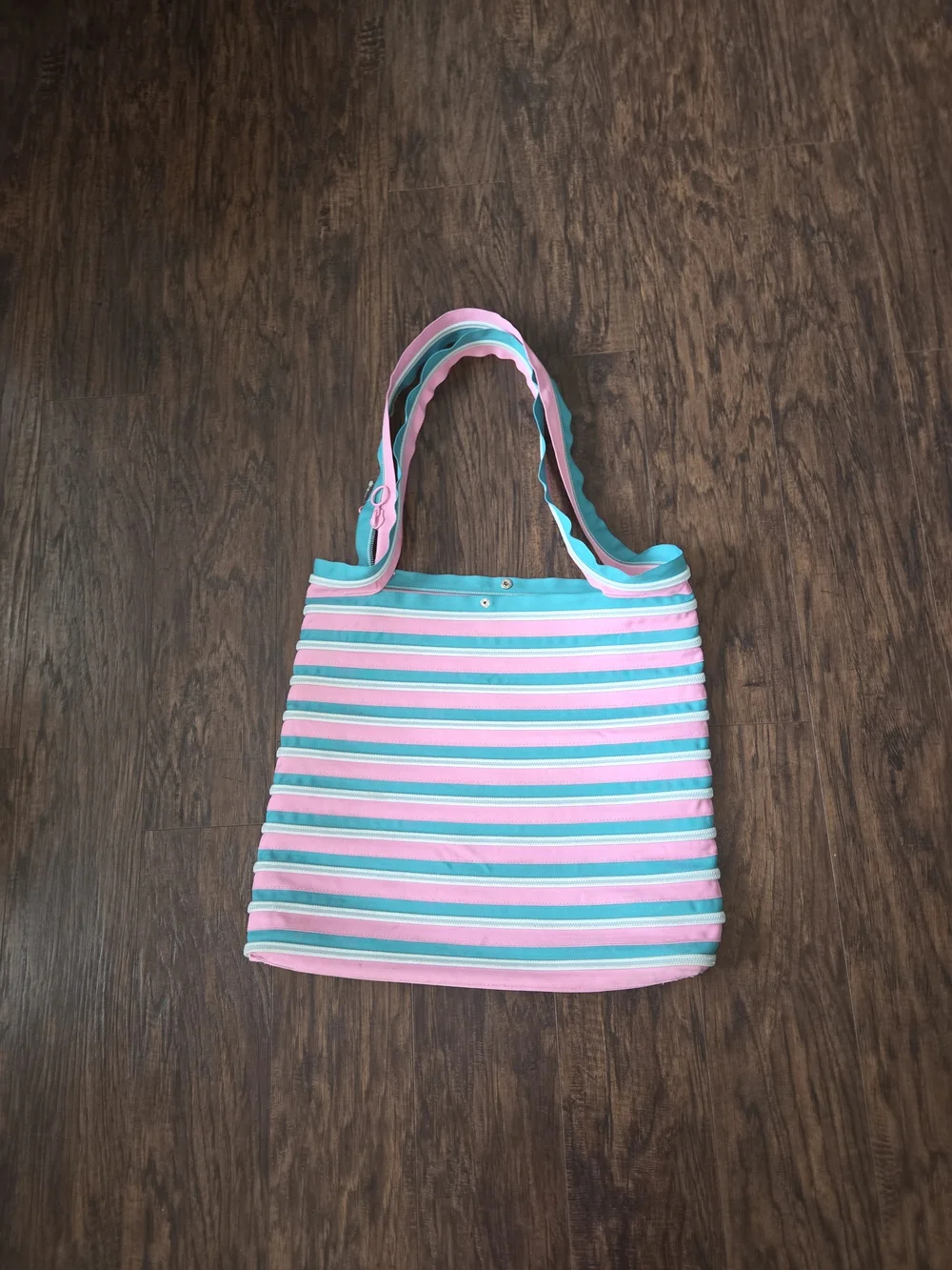Striped Pink & Aqua Canvas Tote Bag with Dual Shoulder Straps